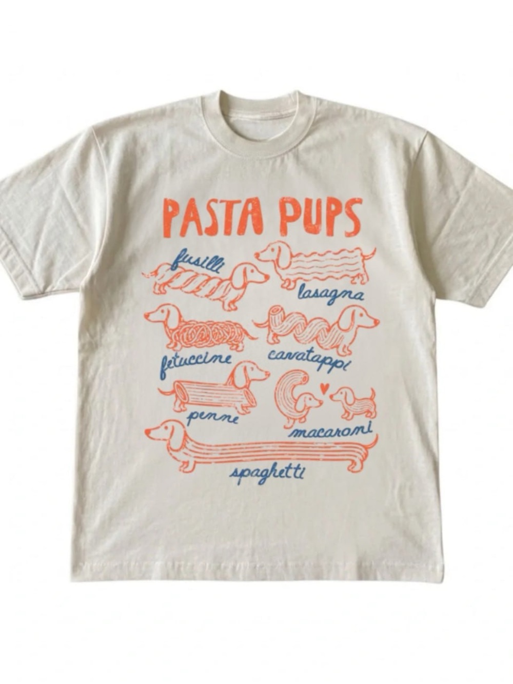 Cream Tee with Orange and Blue Pasta Pups Graphic